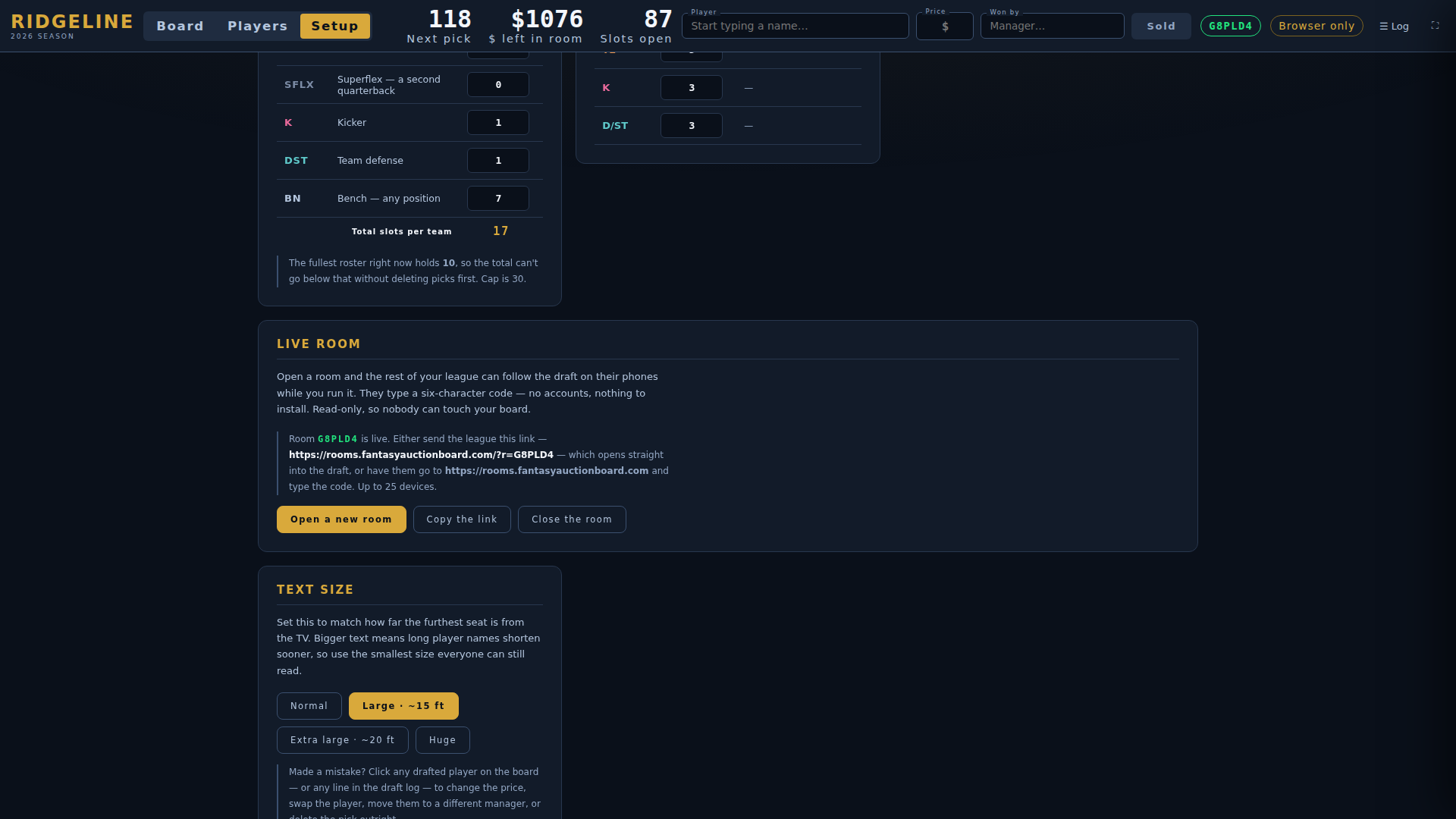 Live room setup panel showing the room code, the shareable link and the text size options