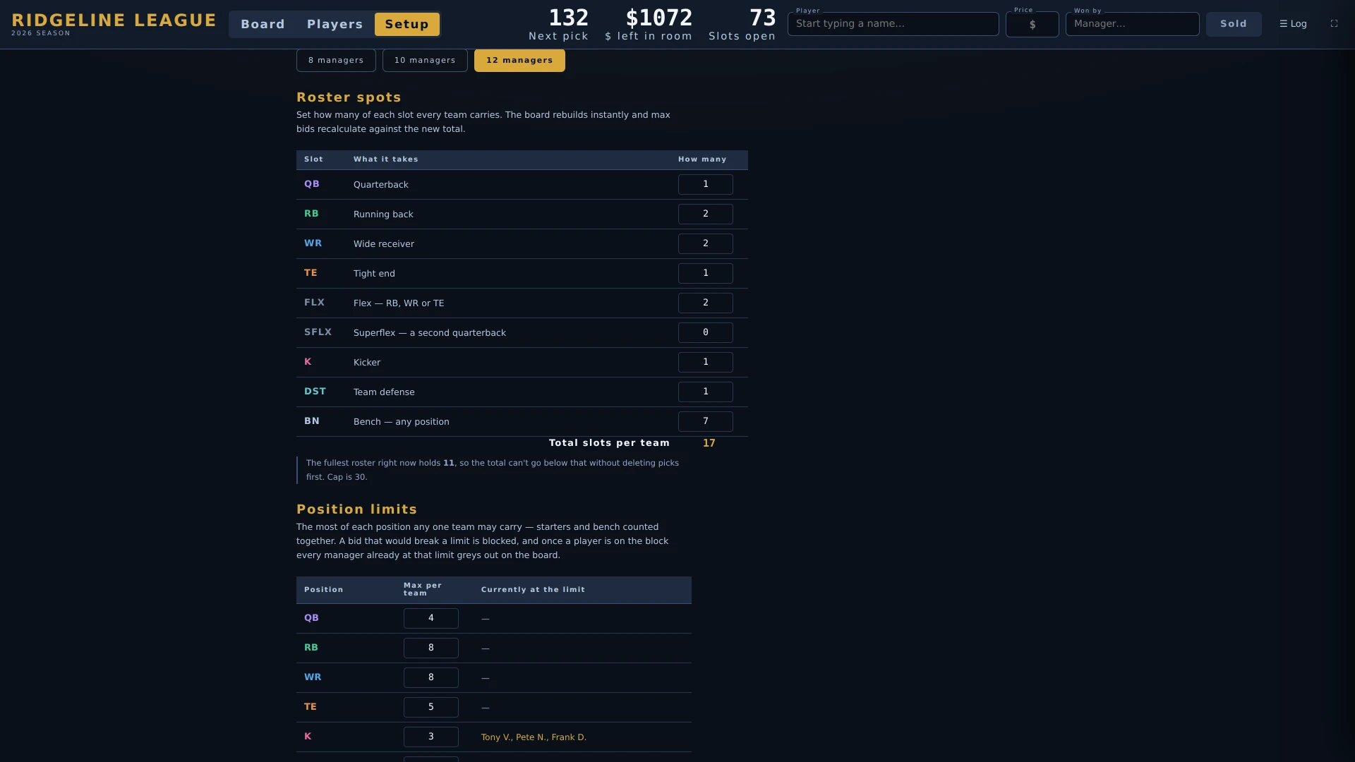 Setup screen for roster spots — QB, RB, WR, TE, FLEX, Superflex, K, D/ST and bench counts — plus per-position limits.
