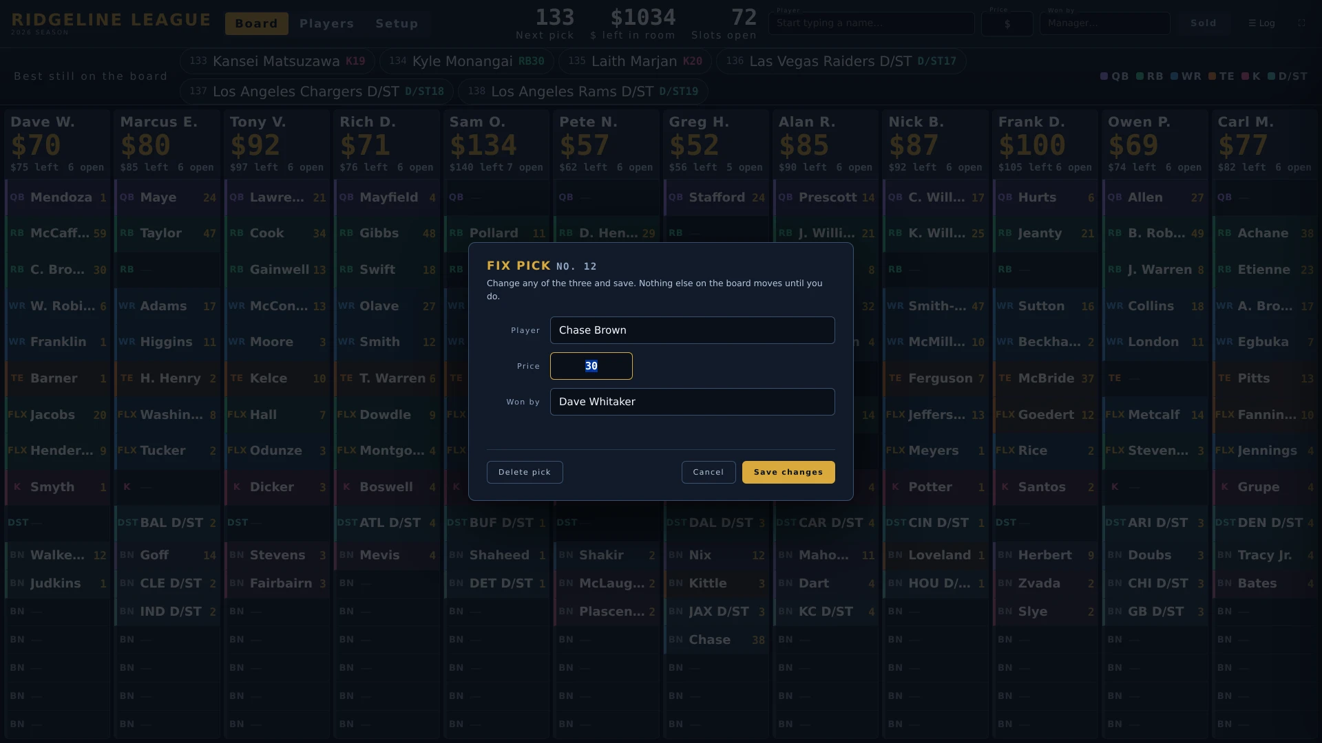 A Fix Pick dialog with editable player, price and won-by fields, plus delete, cancel and save actions.