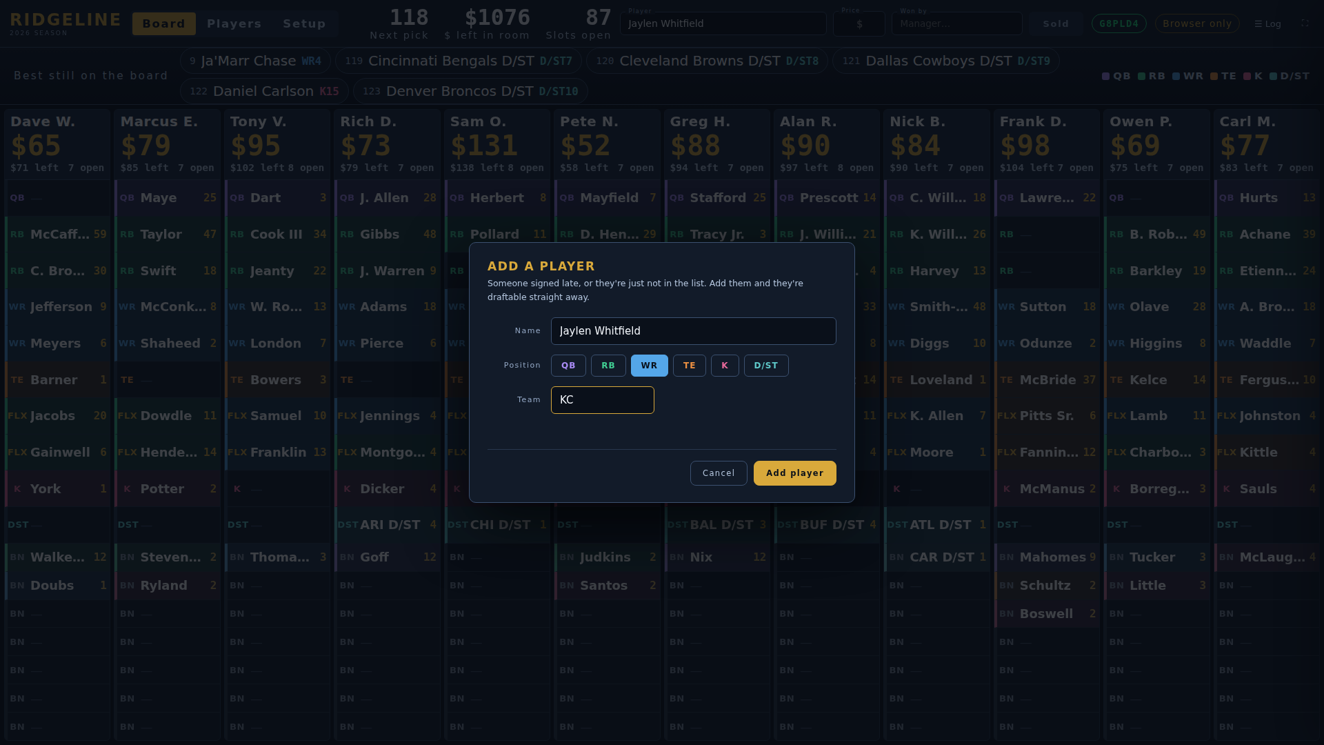 Add a player dialog asking for name, position and team