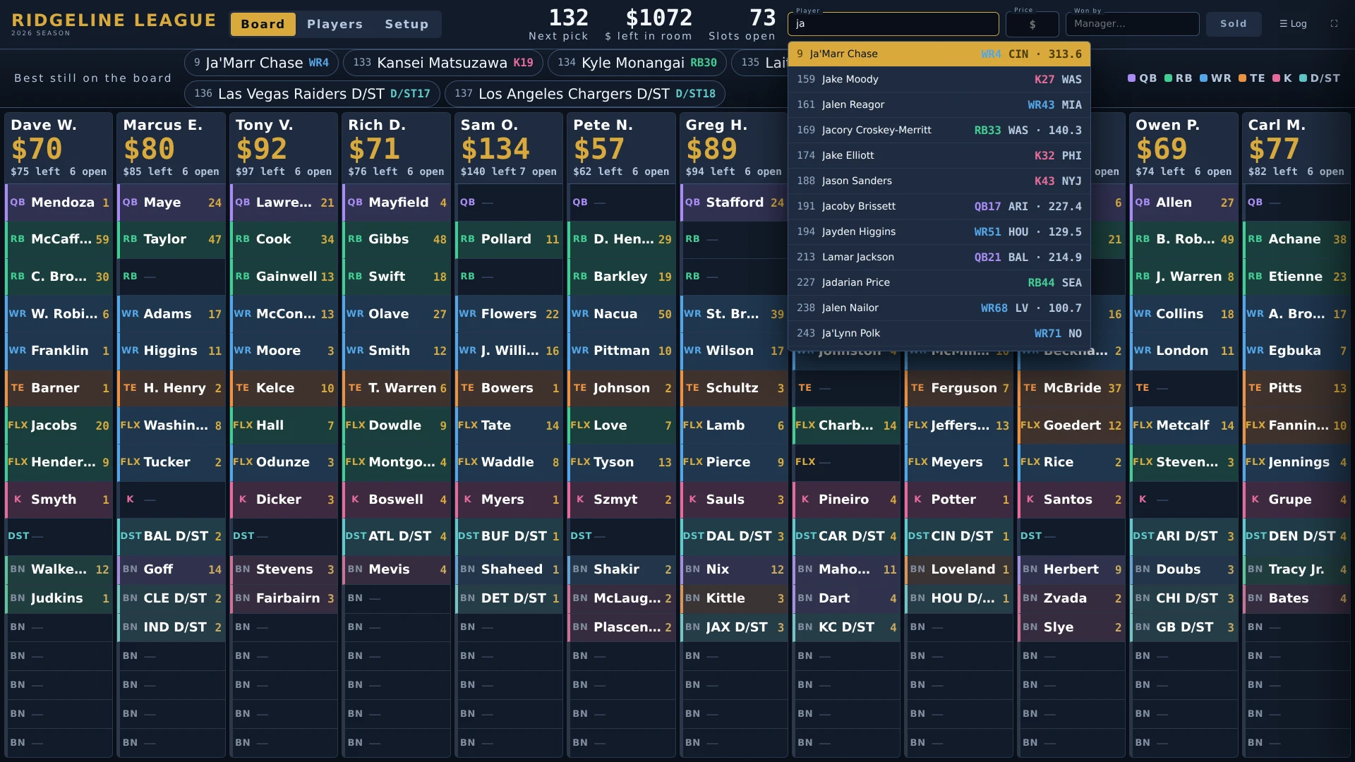 Typing “ja” into the player field shows a ranked list of matching players with position, team and last season's points.